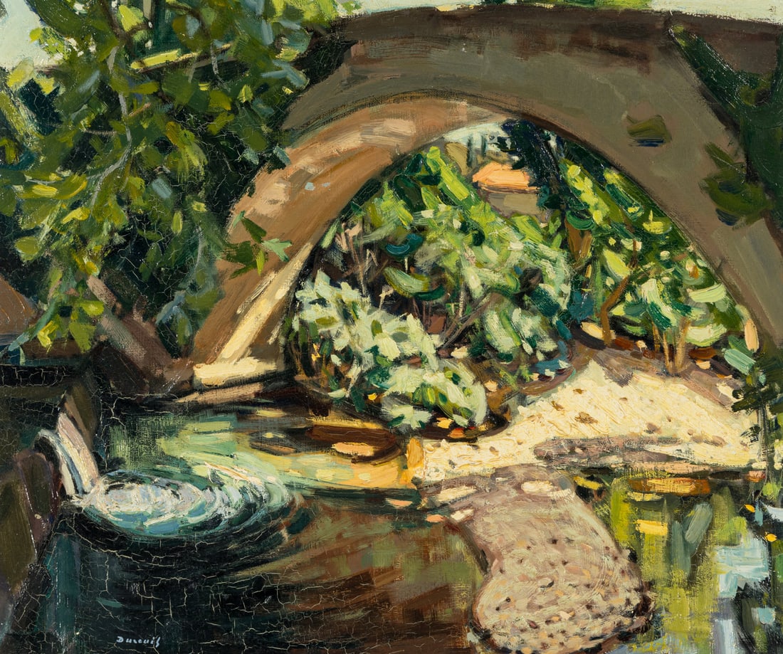 Michel Dureuil (French, 1929-2011) Le vieux pont: Michel Dureuil (French, 1929-2011) Le vieux pont oil on canvas signed Dureuil (lower left); titled (stretcher) 18 1/2 x 21 3/4 inches. This lot is located in Atlanta. Property from a Private Collectio