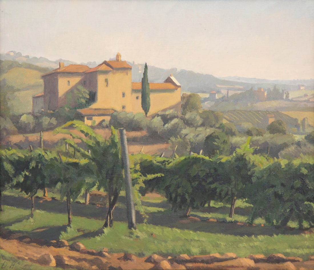 Diana Horowitz (American, B. 1958) View of the Tuscan Hills , 1985: Diana Horowitz (American, B. 1958) View of the Tuscan Hills, 1985 oil on canvas initialed D.H. (lower left), signed and dated Diane Horowitz '85 (on the reverse) 13 3/4 x 11 3/4 inches.