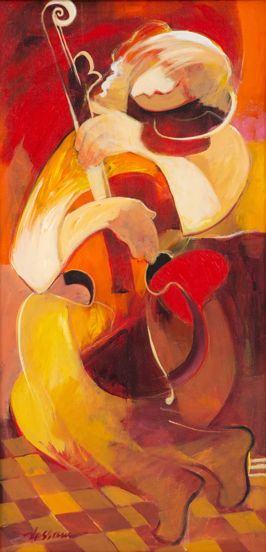 Hessam Abrishami (Iranian, 1951) Quiet in Red: Hessam Abrishami (Iranian, 1951) Quiet in Red oil on canvas signed Hessam (lower left); titled and signed (on the reverse) 30 x 15 inches. Property from a Private Collection, Naples Florida Provenance