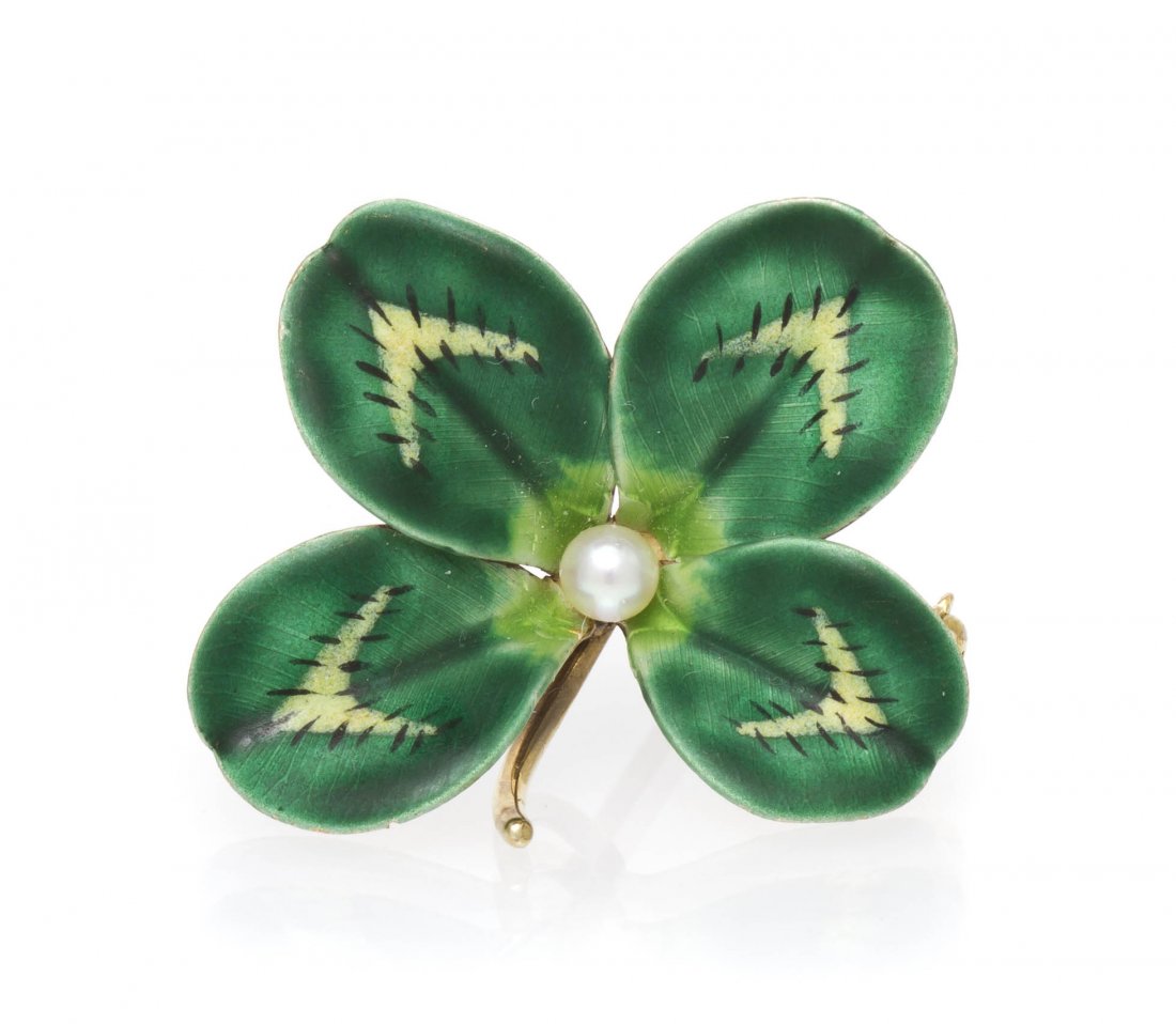 A 14 Karat Yellow Gold, Cultured Pearl and Polychr: A 14 Karat Yellow Gold, Cultured Pearl and Polychrome Enamel Four Leaf Clover Brooch, containing one pearl measuring approximately 3.50 mm in diameter within a four leaf design accented with polychrom