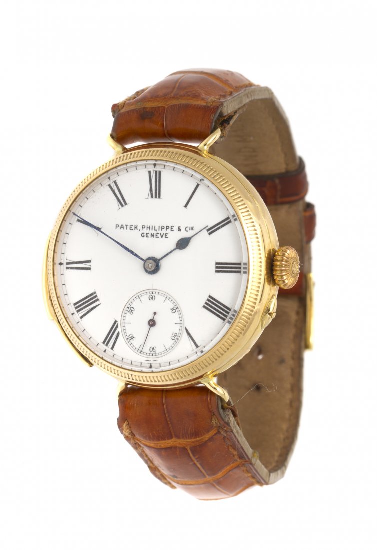 A Converted 18 Karat Yellow Gold Minute Repeating: A Converted 18 Karat Yellow Gold Minute Repeating Pocket Watch Wristwatch, Patek Philippe, 36.00 mm case diameter, white porcelain dial, Roman numerals with outer chapter ring for minutes, blued steel