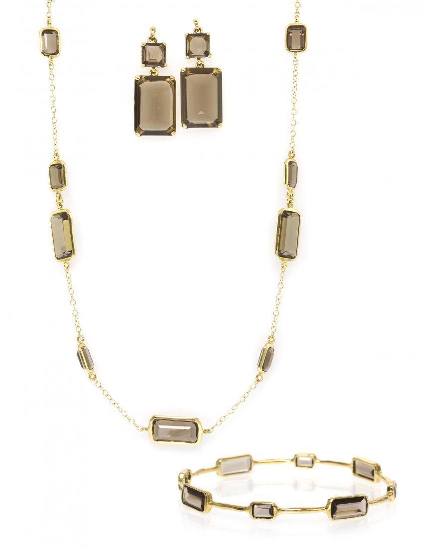 An 18 Karat Yellow Gold Smoky Quartz Parure, Ippol: An 18 Karat Yellow Gold Smoky Quartz Parure, Ippolita, consisting of eight bezel set octagonal smoky quartz bangle, nine bezel set octagonal smoky quartz spaced by chain and prong set smoky quartz dan