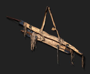 Sioux Bow Case and Quiver, with Bow and Arrows: Sioux Bow Case and Quiver, with Bow and Arrows fourth quarter 19th century thread and sinew-sewn; having beaded panels of geometric designs on either end and further embellished with beaded medallions