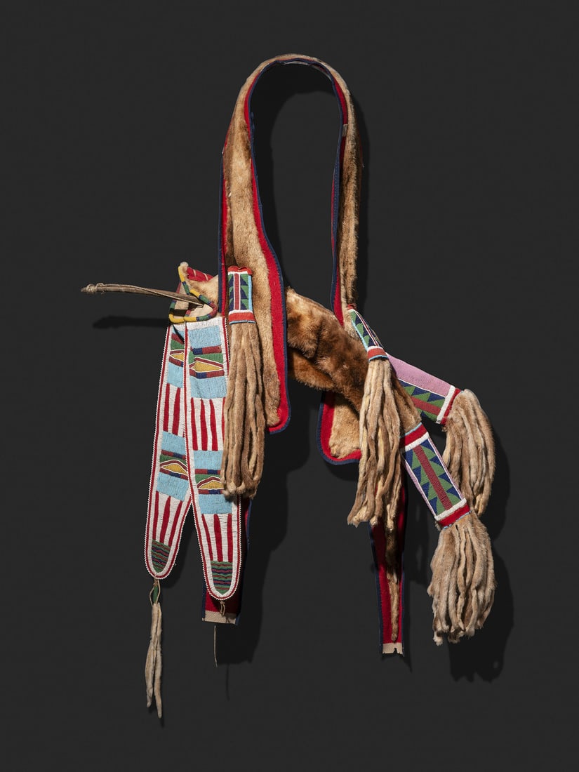 Nez Perce Beaded Otter Bowcase and Quiver, with Bow: Nez Perce Beaded Otter Bowcase and Quiver, with Bow mid-19th century thread and sinew-sewn; red trade wool strap is inset with otter fur and edged with navy wool; triangular tab drops and cuffs are be