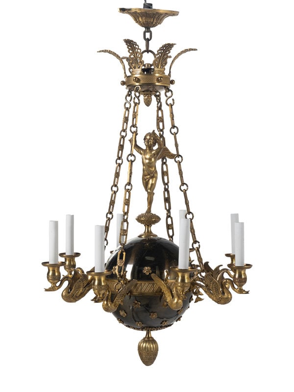An Empire Style Gilt Bronze and Tole Chandelier: An Empire Style Gilt Bronze and Tole Chandelier 20th Century Height 32 x diameter 20 inches. This lot is located in Chicago. Property from a Private Collection