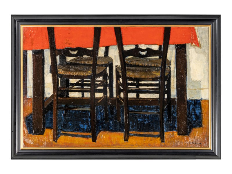 Pierre Bisiaux (French, b. 1924) Les Chaises: Pierre Bisiaux (French, b. 1924) Les Chaises oil on canvas signed P Bisiaux (lower right) 25 1/2 x 39 inches. This lot is located in Chicago. Private Collection in Lake Forest, Illinoi