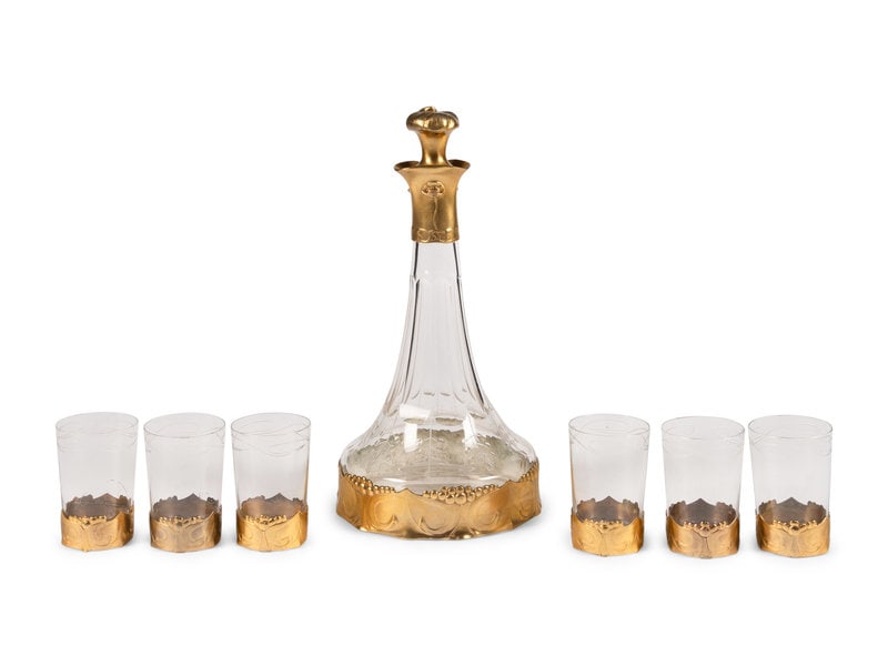 An Art Nouveau Gilt Pewter Mounted Glass Osiris Drink Service by Friedrich Adler (1878-1942) (1 of 6)