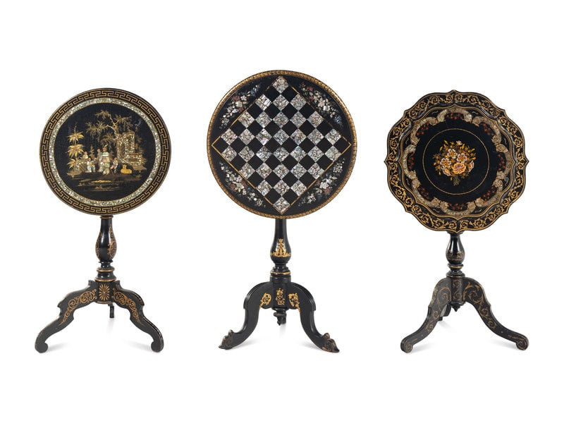 Three Victorian Mother of Pearl Papier-Mâché Tilt Top Tables: Three Victorian Mother of Pearl Papier-Mâché Tilt Top Tables 19th Century Height of largest 28 x diameter of top 22 1/4 inches. This lot is located in Chicago. Property from a