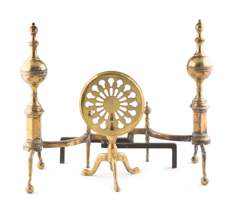 A Pair of Brass Andirons and a Fireplace Trivet: A Pair of Brass Andirons and a Fireplace Trivet 18th Century Height of andirons 24 inches. This lot is located in Chicago. Property from a Private Collection, Winnetka, Illinois, sold to be