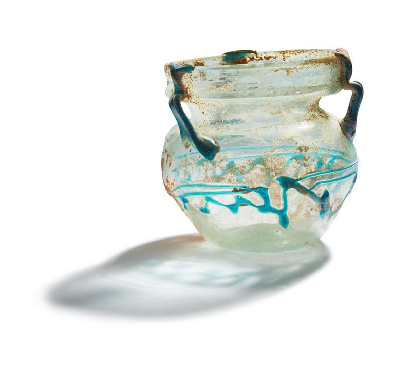 A Roman Pale Blue Glass Jar with Blue Spiral Trail (1 of 3)