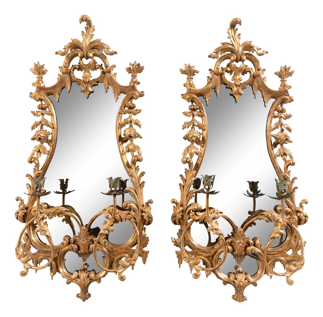 A Pair of George III Giltwood Girandole Mirrors: A Pair of George III Giltwood Girandole Mirrors Manner of Thomas Chippendale, Circa 1765 Height 43 x width 20 1/2 inches. This lot is located in Chicago. Property from a Private Collection, Winnetka,