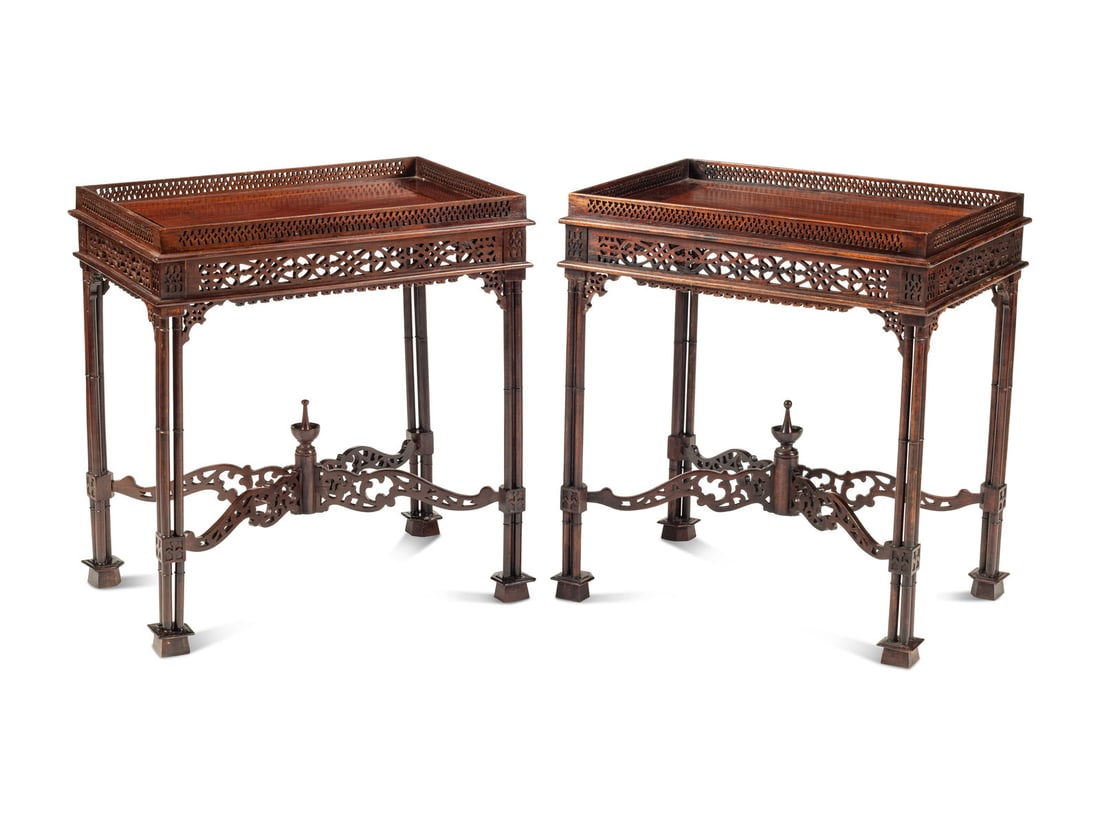 A Pair of George III Style Mahogany Tea Tables: A Pair of George III Style Mahogany Tea Tables 20th Century Height 27 x width 25 x depth 16 3/4 inches. This lot is located in Chicago.