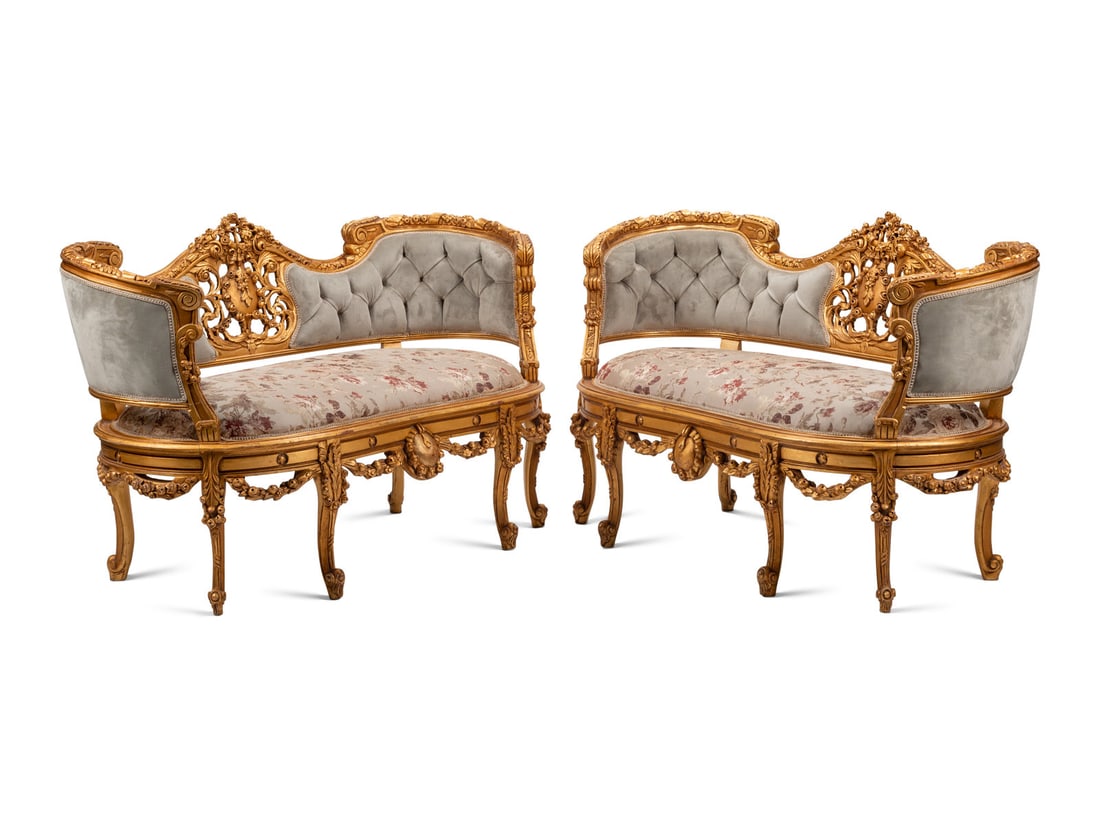 A Pair of Louis XV Style Giltwood Settees: A Pair of Louis XV Style Giltwood Settees 20th Century Height 33 1/2 x width 59 x depth 27 inches. This lot is located in Chicago.