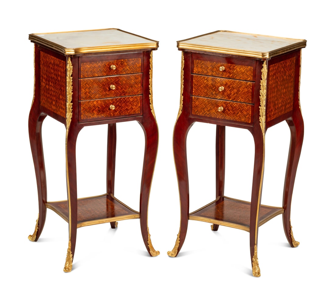 A Pair of Louis XV Style Gilt Bronze Mounted Marquetry Marble-Top Side Tables (1 of 4)