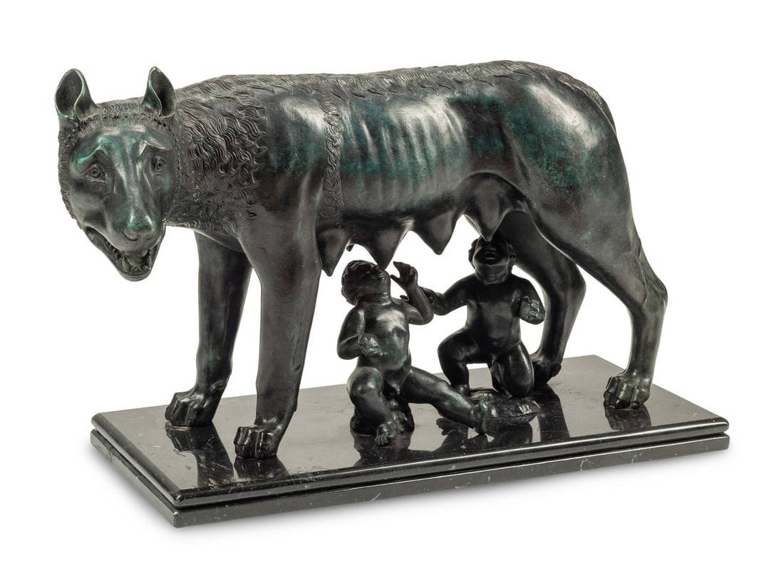 A Grand Tour Style Patinated Bronze Group Of Lupa With Romulus And