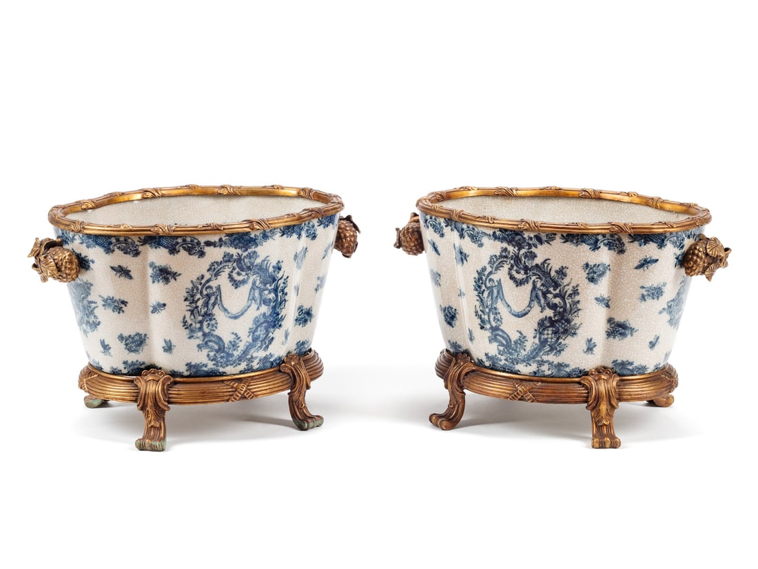 A Pair of Continental Gilt Bronze Mounted Blue and White Porcelain Jardinières (1 of 1)