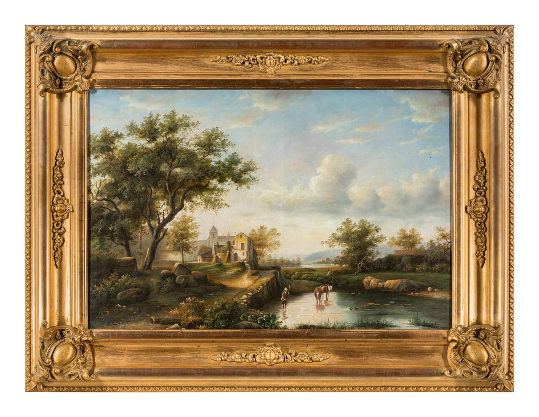 Continental School, 19th Century: Continental School, 19th Century Pastoral Landscape oil on canvas laid to board 23 1/4 x 35 inches (sight). This lot is located in Chicago.