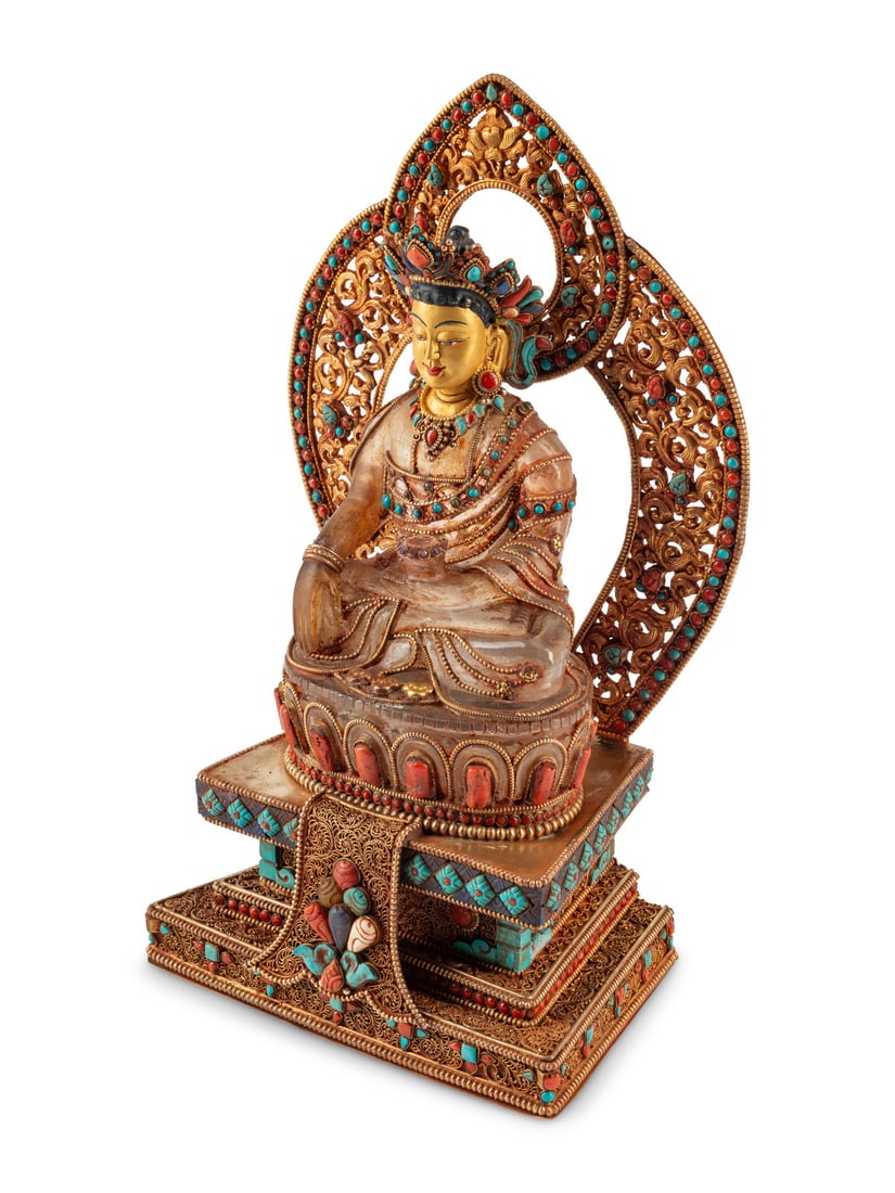A Tibetan Style Rock Crystal, Gilt Metal Filigree, Turquoise and Carnelian Deity (1 of 4)