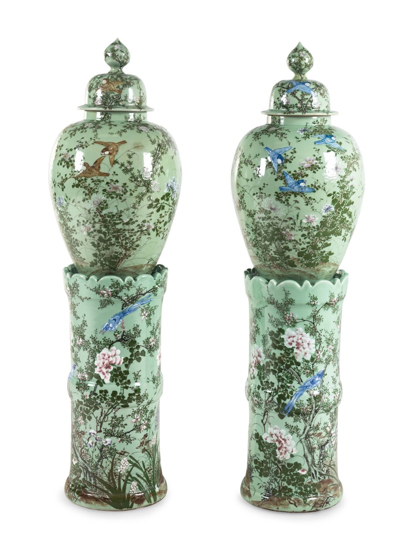 A Pair of Chinese Large Porcelain Covered Urns on Pedestals (1 of 7)