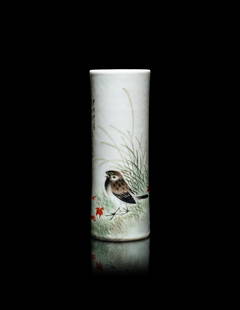 A Chinese Famille Rose Porcelain Brushpot by Liu Yucen (1904-1969): A Chinese Famille Rose Porcelain Brushpot by Liu Yucen (1904-1969) Dated 1934 劉雨岑甲戌(1934)繪麻雀紅葉筆筒 A cyl