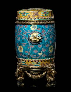 A Chinese Fahua Porcelain Garden Stool: A Chinese Fahua Porcelain Garden Stool Ming Dynasty (1368-1644) 明 琺華瓷墩 the barrel-shaped body is covered with turquoise, aubergine, yellow and ivory glazes, flanked