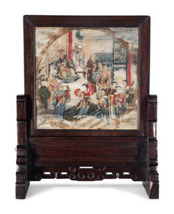 A Chinese Painted Dream Stone Inset Wood Table Screen: A Chinese Painted Dream Stone Inset Wood Table Screen Late Qing Dynasty 清晚期 紅木嵌彩繪理石宴飲圖桌屏 the va
