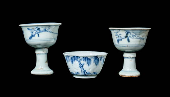 Three Chinese Blue and White Porcelain Cups: Three Chinese Blue and White Porcelain Cups Ming-Qing Dynasty 明-清 青花杯三只 comprising two Ming dynasty stem cups and a Qing dynasty teacup. Height of