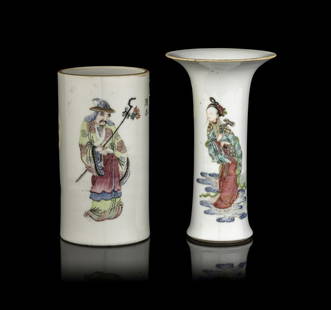 Two Chinese Famille Rose Porcelain 'Figure' Vessels: Two Chinese Famille Rose Porcelain 'Figure' Vessels 19th Century 清晚期 粉彩人物圖筆筒及瓷瓶各一 the first a s