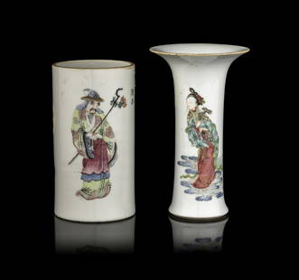 Two Chinese Famille Rose Porcelain 'Figure' Vessels: Two Chinese Famille Rose Porcelain 'Figure' Vessels 19th Century 清晚期 粉彩人物圖筆筒及瓷瓶各一 the first a