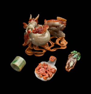 Four Chinese Jadeite Articles: Four Chinese Jadeite Articles Qing Dynasty and Later 清-民國 翡翠扳指、帶鈎、吊墜及把件一組&