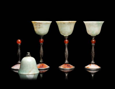 A Set of Four Chinese Jadeite, Agate and Silvered Metal Mounted Goblets: A Set of Four Chinese Jadeite, Agate and Silvered Metal Mounted Goblets Jadeite cups: early 20th Century 近代 翡翠瑪瑙杯四隻 each cup polished of