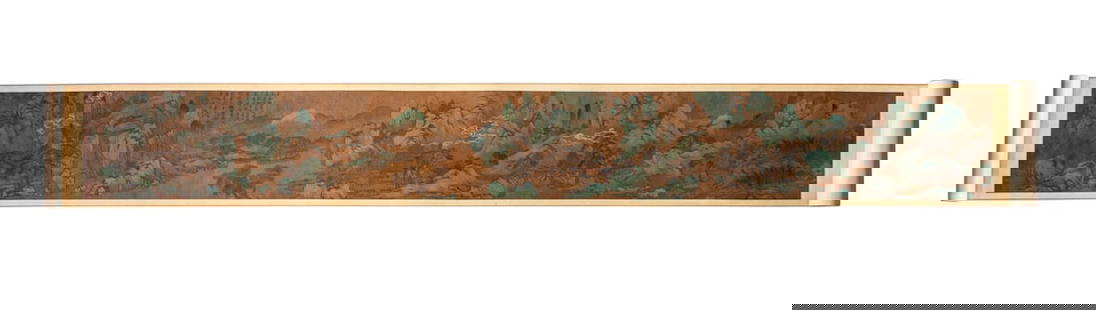 Attributed to Wen Zhengming: Attributed to Wen Zhengming (Chinese, 1470-1559) Landscape ink and color on silk, handscroll signed with in inscription, two artist seals, Zheng, Ming, and two collectors' seals. 文徵ą