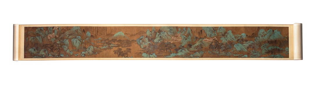 Attributed to Wen Zhengming: Attributed to Wen Zhengming (Chinese, 1470-1559) Landscape ink and color on silk, handscroll signed with in inscription, two artist seals, Zheng, Ming, and two collectors' seals. 