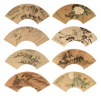 Eight Chinese Folding Fan Leaves Depicting Landscape and Flowers: Eight Chinese Folding Fan Leaves Depicting Landscape and Flowers 17th-19th Century (1) Wei Zhihuang (1568-1647) Temple by the River ink and color on gold-flecked paper signed and inscribed, dated luna