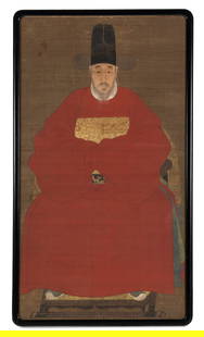 A Chinese Ancestor Portrait: A Chinese Ancestor Portrait 17th Century 明 祖先像 絹本設色,鏡框 ink and color on silk, framed. 63 x 34 in., 160 x 86.4 cm.