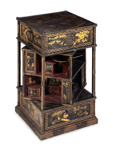 A Japanese Gold, Red, and Brown Lacquer Displaying Cabinet, Kazaridana: A Japanese Gold, Red, and Brown Lacquer Displaying Cabinet, Kazaridana Meiji Period, 19th Century 日本明治時期 黑漆描金旋轉ó