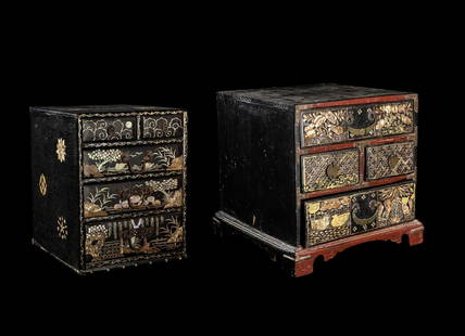 Two Korean Mother-of-Pearl Inlaid Lacquered Accessory Boxes: Two Korean Mother-of-Pearl Inlaid Lacquered Accessory Boxes Joseon Period (late 19th Century) 朝鮮李朝 黑漆嵌螺鈿妝匣兩具