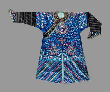 A Chinese Blue Ground Silk Embroidered 'Dragon' Robe: A Chinese Blue Ground Silk Embroidered 'Dragon' Robe Late 19th/Early 20th Century 晚清/民國 藍緞地龍袍 the ground of plain blue weave finely worke
