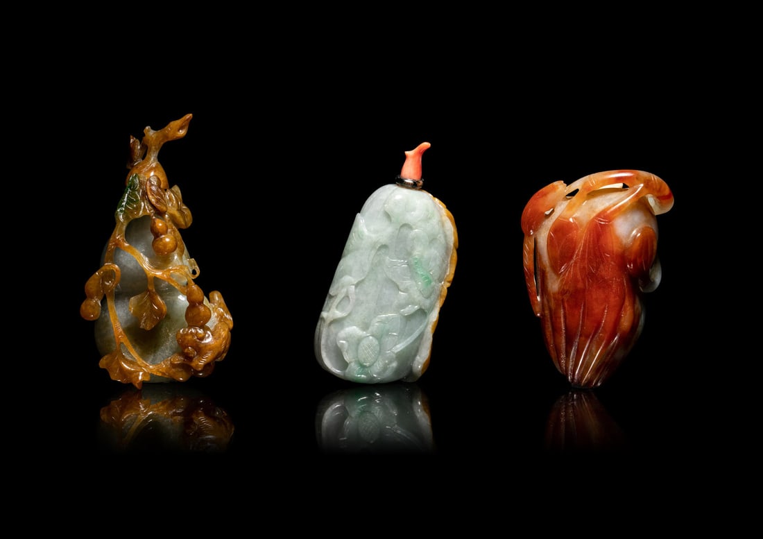 Three Chinese Russet and Green Jadeite Snuff Bottles (1 of 3)