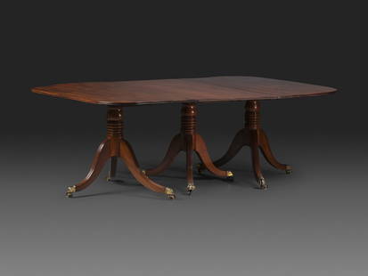 A Late Chippendale Flame Mahogany Triple Pedestal Dining Table: A Late Chippendale Flame Mahogany Triple Pedestal Dining Table Circa 1800 Height 28 1/4 x width 51 3/4 x length 79 1/4 inches. (overall) This lot is located in Cincinnati. Property from the