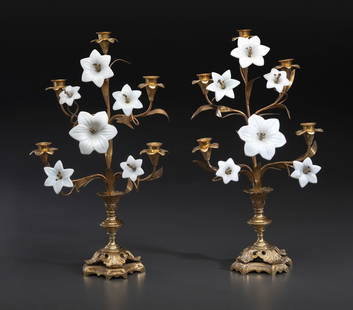 A Pair of French Gilt Metal and Opaline Glass Five-Light Floral Candelabra: A Pair of French Gilt Metal and Opaline Glass Five-Light Floral Candelabra 19th Century one with impressed B to upper portion of base. Height 22 inches. This lot is located in Cincinnati. Property