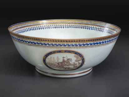 A Chinese Export Parcel Gilt and Grisaille Decorated Porcelain Punch Bowl: A Chinese Export Parcel Gilt and Grisaille Decorated Porcelain Punch Bowl Circa 1800 Height 6 3/8 x diameter 16 inches. This lot is located in Cincinnati. Property from the Collection of Anne S. and