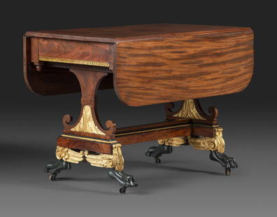 A Classical Parcel Gilt and Ebonized, Figured Mahogany Paw-Foot Drop-Leaf Table: A Classical Parcel Gilt and Ebonized, Figured Mahogany Paw-Foot Drop-Leaf Table Michael Allison, New York, Circa 1820 retaining a Michael Allison paper label. Height 28 1/2 x width 39 x depth 22 3/8 i