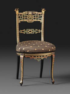 An Aesthetic Movement Painted, Parcel Gilt and Ebonized Bird-Carved Side Chair: An Aesthetic Movement Painted, Parcel Gilt and Ebonized Bird-Carved Side Chair 19th Century Height 33 1/2 inches. This lot is located in Cincinnati. Property from the Collection of Anne S. and David