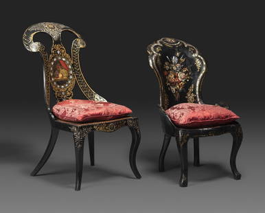 Two Victorian Black Lacquered Parcel-Gilt and Mother-of-Pearl Inlaid Cane Upholstered Slipper Chairs: Two Victorian Black Lacquered Parcel-Gilt and Mother-of-Pearl Inlaid Cane Upholstered Slipper Chairs Jennens and Bettridge, Mid 19th Century the larger example impressed Jennens & Bettridge beneath th