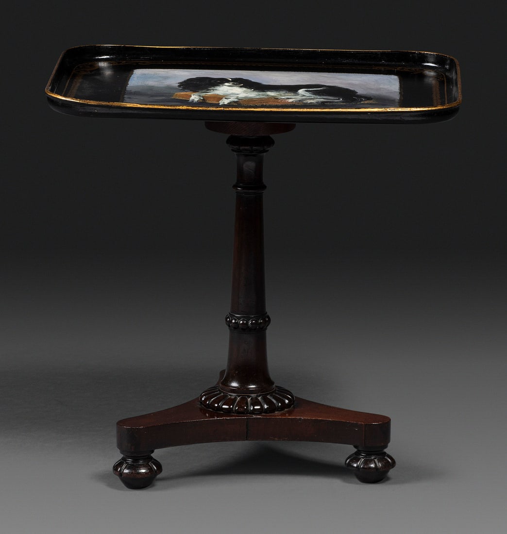 A Victorian Parcel Gilt and King Charles Spaniel Painted Tray Top Table (1 of 2)