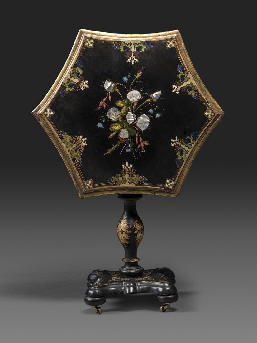 A Victorian Parcel-Gilt and Black Lacquered Mother-of-Pearl Inlaid Hexagonal Tilt-Top Tea Table (1 of 4)