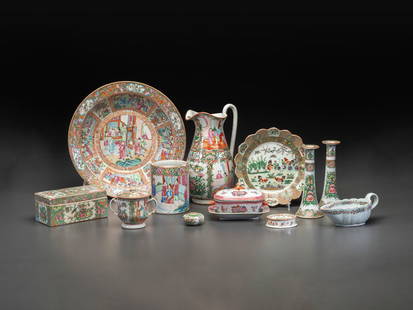 A Collection of Chinese Export Rose Medallion and Famille Rose Porcelain: A Collection of Chinese Export Rose Medallion and Famille Rose Porcelain 19th Century comprising ten plates, a pitcher and wash basin, four trays, a tea pot, a scalloped bowl, a pair of candlesticks,