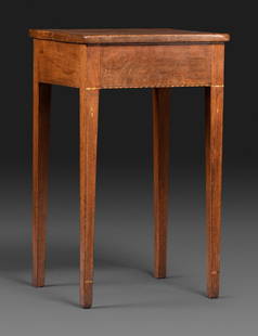 A Federal Barber’s Pole, Line and Leaf Inlaid Walnut Side Table: A Federal Barber’s Pole, Line and Leaf Inlaid Walnut Side Table Circa 1805 Height 29 1/2 x width 17 5/8 x depth 15 3/4 inches. This lot is located in Cincinnati. Property from the Collection of