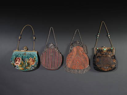 Four Victorian Handbags: Four Victorian Handbags Late 19th Century including a velvet embroidered example, a silk example and two with silverplated clasps. Largest 10 x 8 1/2 inches. This lot is located in Cincinnati. Propert